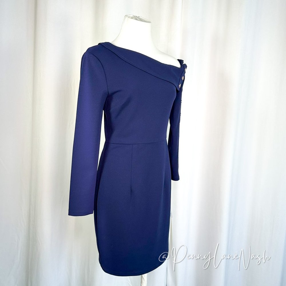NWT Lumier by Bariano Asymmetric Gold Button Cocktail Dress Navy - Picture 9 of 12